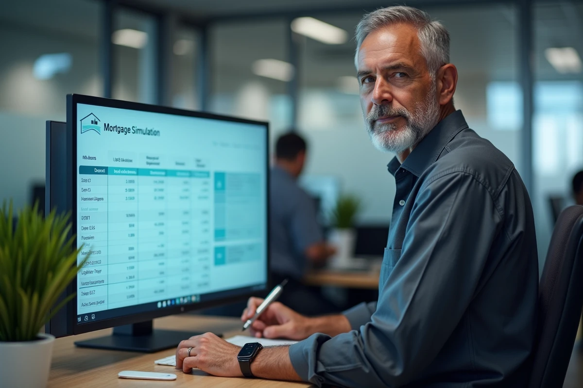 Conseiller bancaire analysant un tableau de simulation de crédit immobilier avec taux d'endettement sur écran