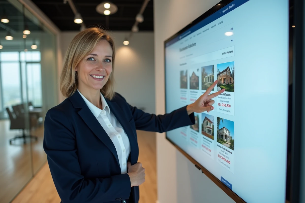 Conseillère immobilière présentant des programmes neufs adaptés aux budgets sur un écran interactif en agence