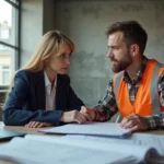 Conseillère relation client de ChantierAccess en discussion avec un ouvrier du bâtiment dans un bureau parisien