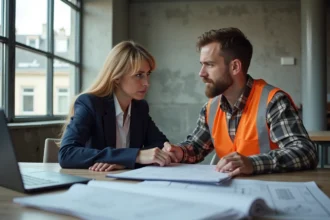 Conseillère relation client de ChantierAccess en discussion avec un ouvrier du bâtiment dans un bureau parisien