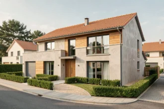 Maison individuelle moderne nouvellement construite en Loire-Atlantique avec jardin paysager et façade en enduit blanc