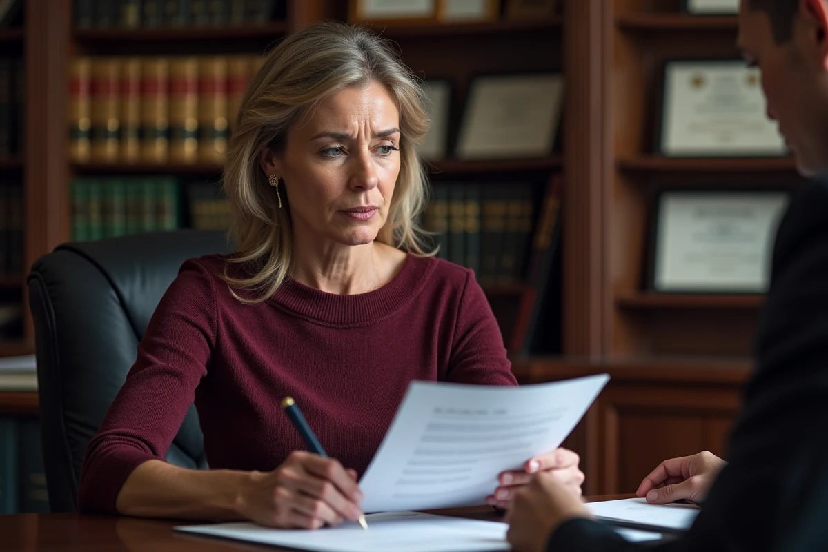 Femme consultant un notaire et lisant un document juridique lié à un héritage immobilier familial dans un cabinet notarial