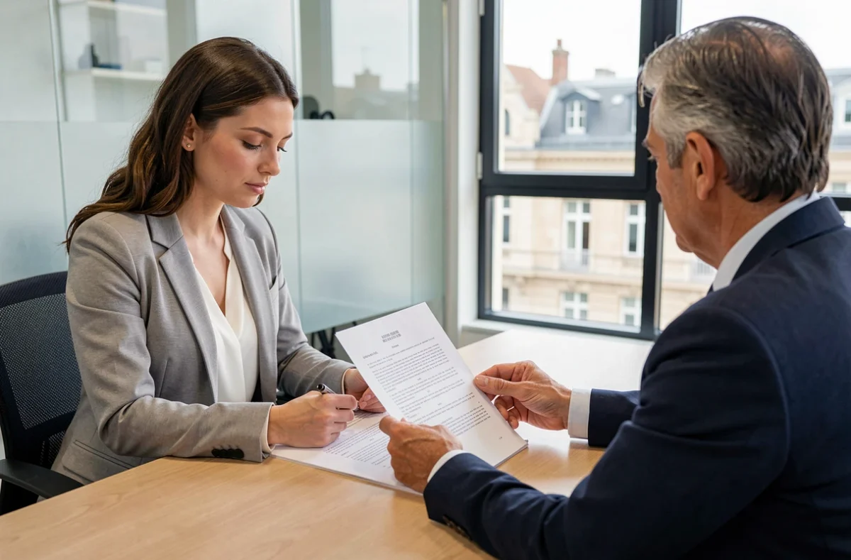 Cliente consultant un notaire à Limoges pour choisir le bon acte notarié lors d'un rendez-vous professionnel