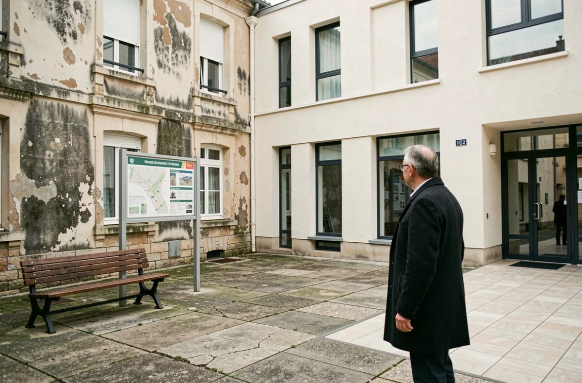 Place publique à Champs-sur-Marne illustrant le contraste entre bâtiments vétustes et nouveaux équipements rénovés dans un quartier en mutation
