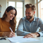 Couple souriant signant un contrat de location à un bureau lumineux