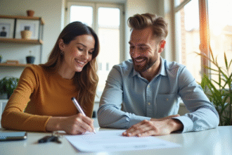 Couple souriant signant un contrat de location à un bureau lumineux