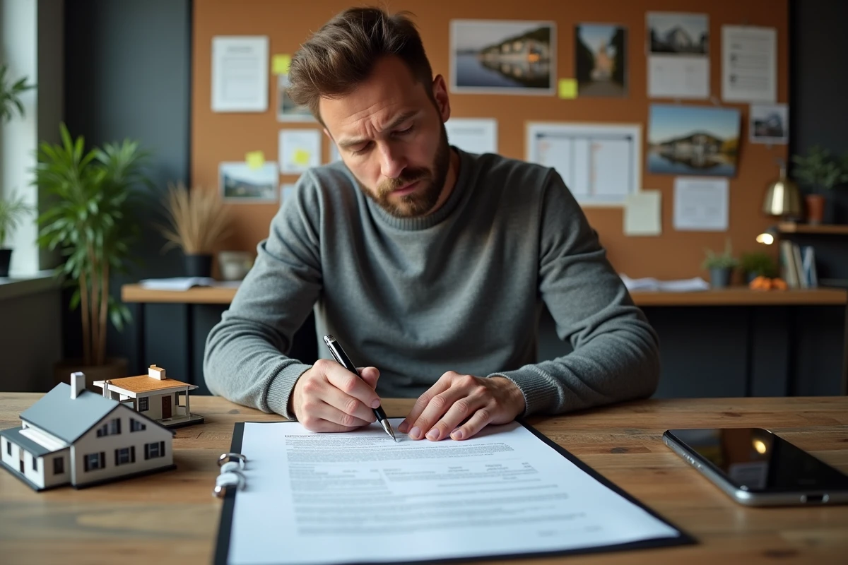 Producteur signant un contrat de location de maison pour tournage de série avec documents et planning de production sur bureau