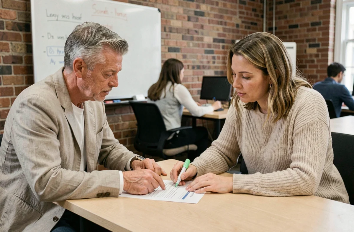 Deux copropriétaires bénévoles étudiant ensemble un modèle de pré état daté en espace de coworking