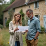 Couple examinant des plans devant une ferme en pierre à la campagne, investissement immobilier rural en France