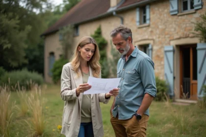 Couple examinant des plans devant une ferme en pierre à la campagne, investissement immobilier rural en France