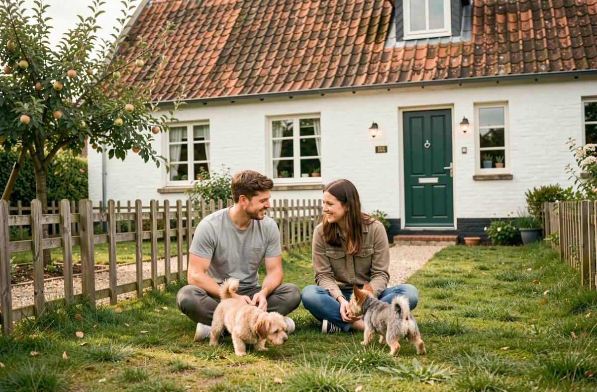 Couple de locataires avec leurs chiens dans le jardin d'une maison à louer en Seine-Maritime
