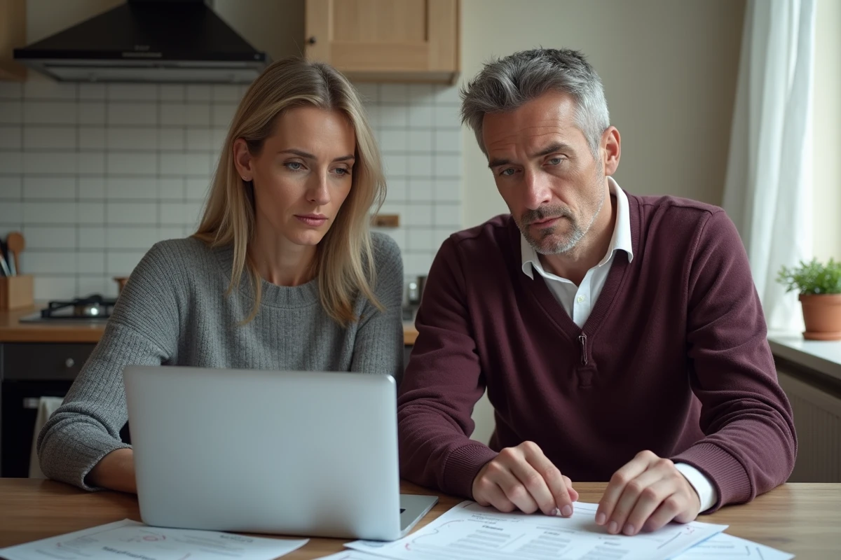 Couple examinant des annonces de location sur ordinateur portable dans un appartement français, face à la hausse des loyers en 2026