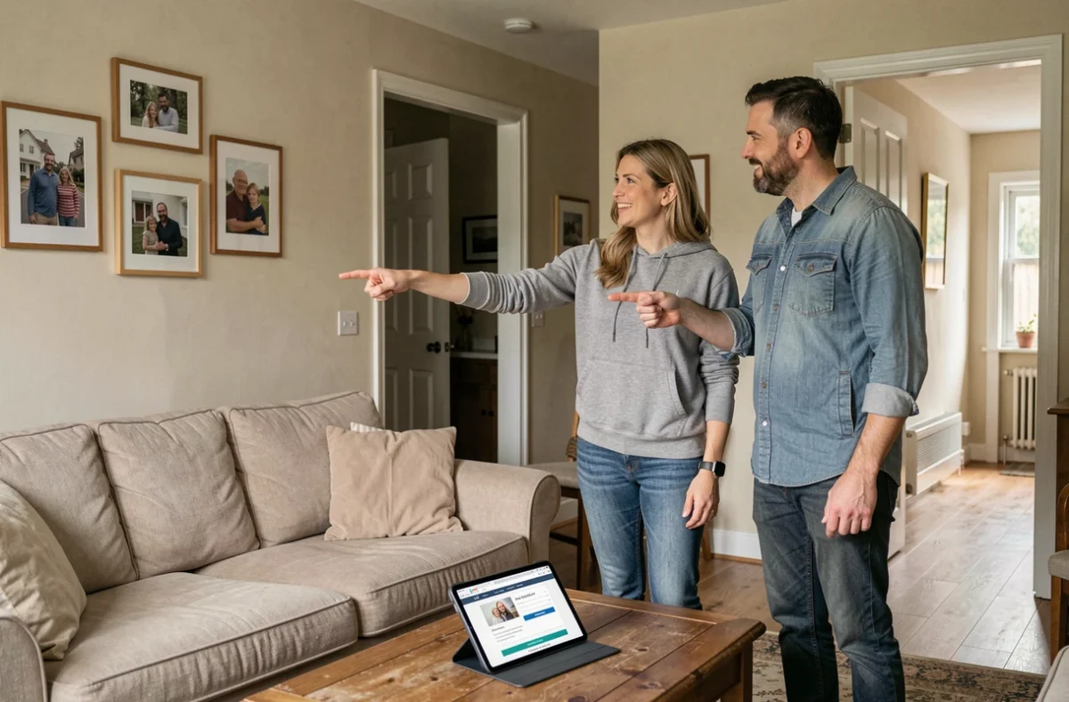 Couple discutant de leur assurance multirisque habitation MAE dans leur salon de maison pavillonnaire
