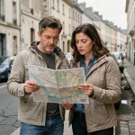 Couple examinant une carte de quartier dans une rue résidentielle de La Roche-sur-Yon avant un achat immobilier