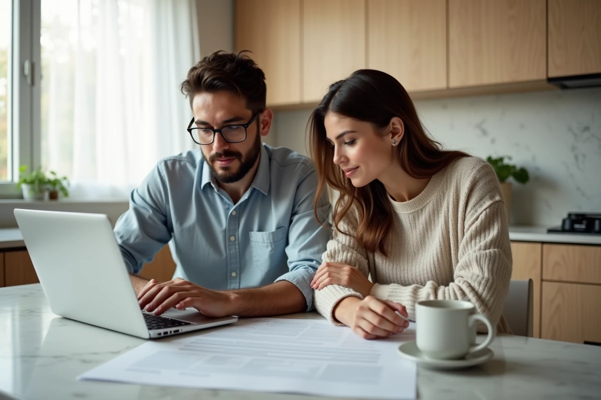 Couple en CDD préparant ensemble leur dossier de location et leur lettre de motivation pour rassurer un propriétaire
