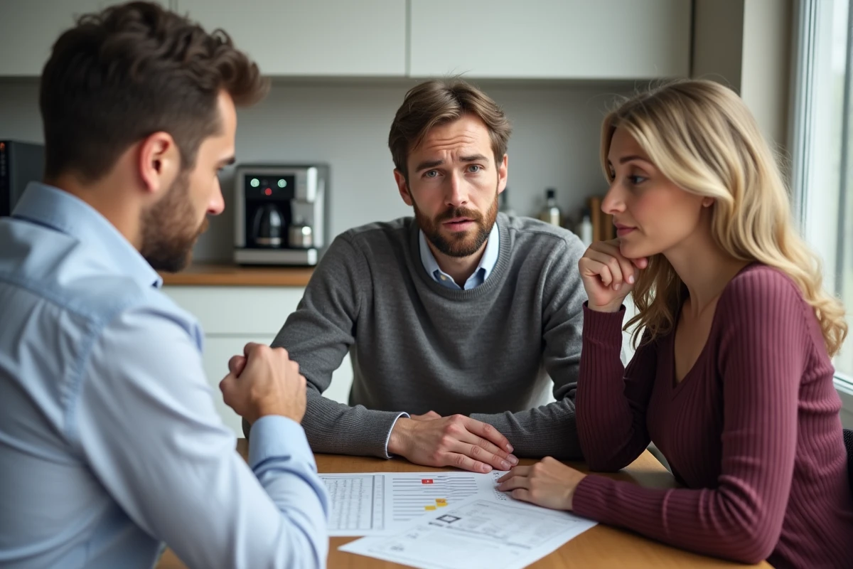 Couple en réunion avec un conseiller bancaire pour simuler un emprunt immobilier malgré un endettement important