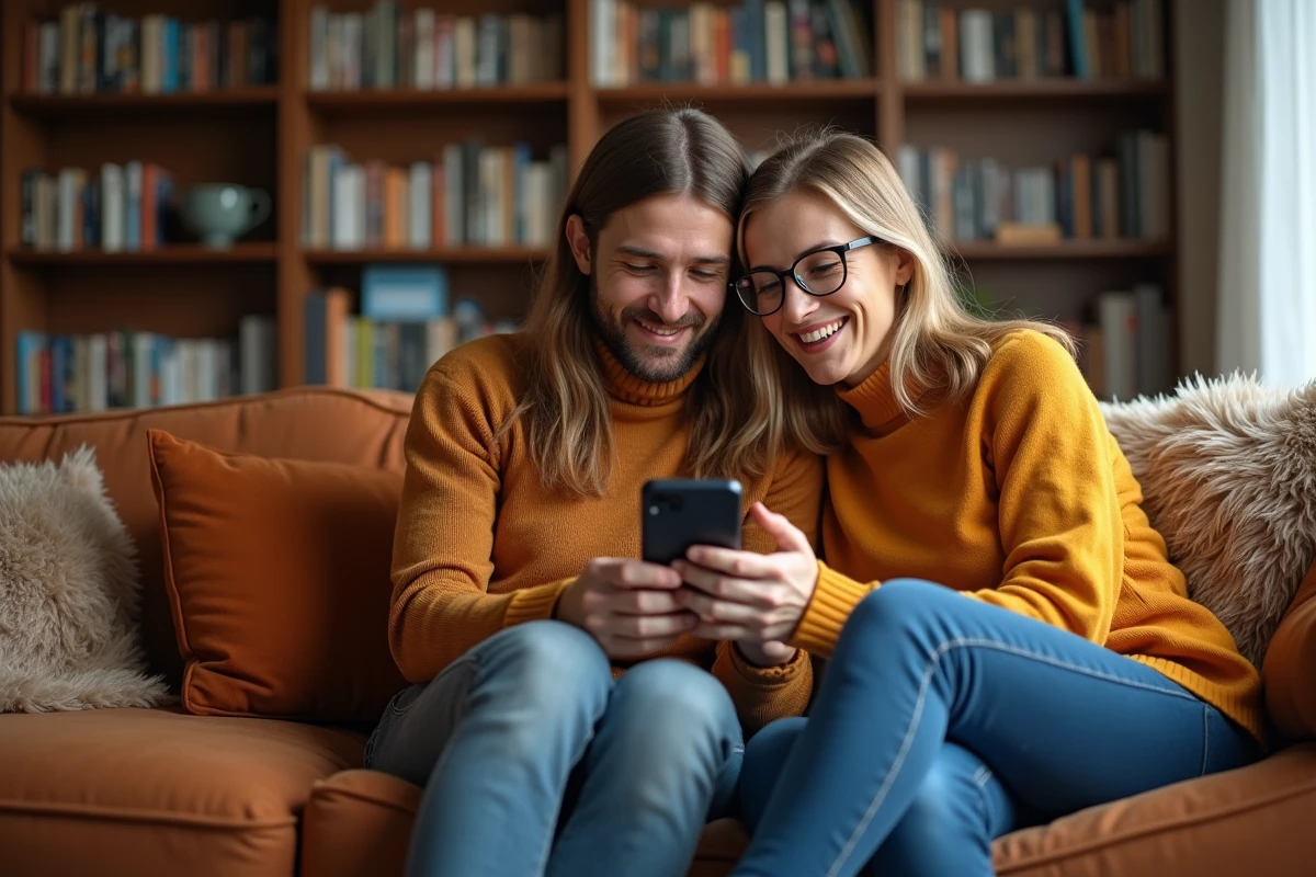 Couple consultant l'espace client Foncia sur smartphone dans un salon chaleureux