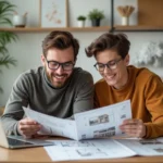 Jeune couple consultant des brochures immobilières et des plans de programmes neufs sur un bureau moderne