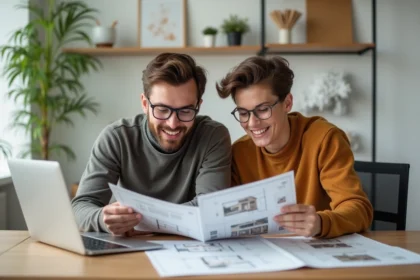 Jeune couple consultant des brochures immobilières et des plans de programmes neufs sur un bureau moderne