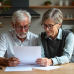 Couple de middleaged discutant d'un contrat de location dans une cuisine moderne