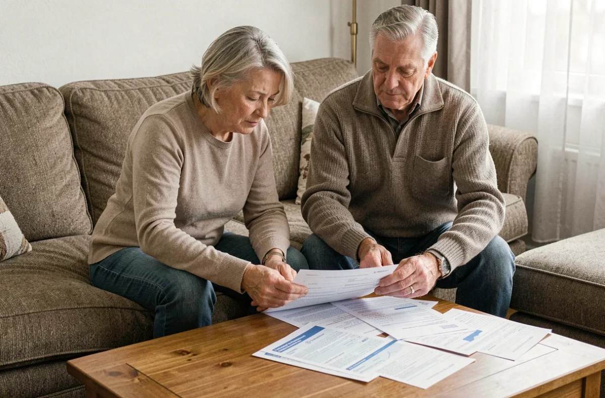 Couple examinant ensemble des documents d'assurance habitation dans leur salon pour envisager un changement de contrat