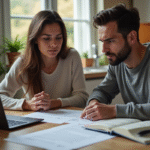 Couple inquiet discutant de contrat de location à la cuisine