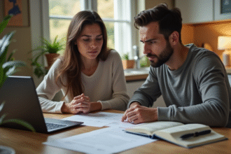Couple inquiet discutant de contrat de location à la cuisine