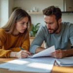 Couple inquiet avec documents de prêt immobilier