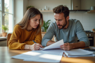 Couple inquiet avec documents de prêt immobilier