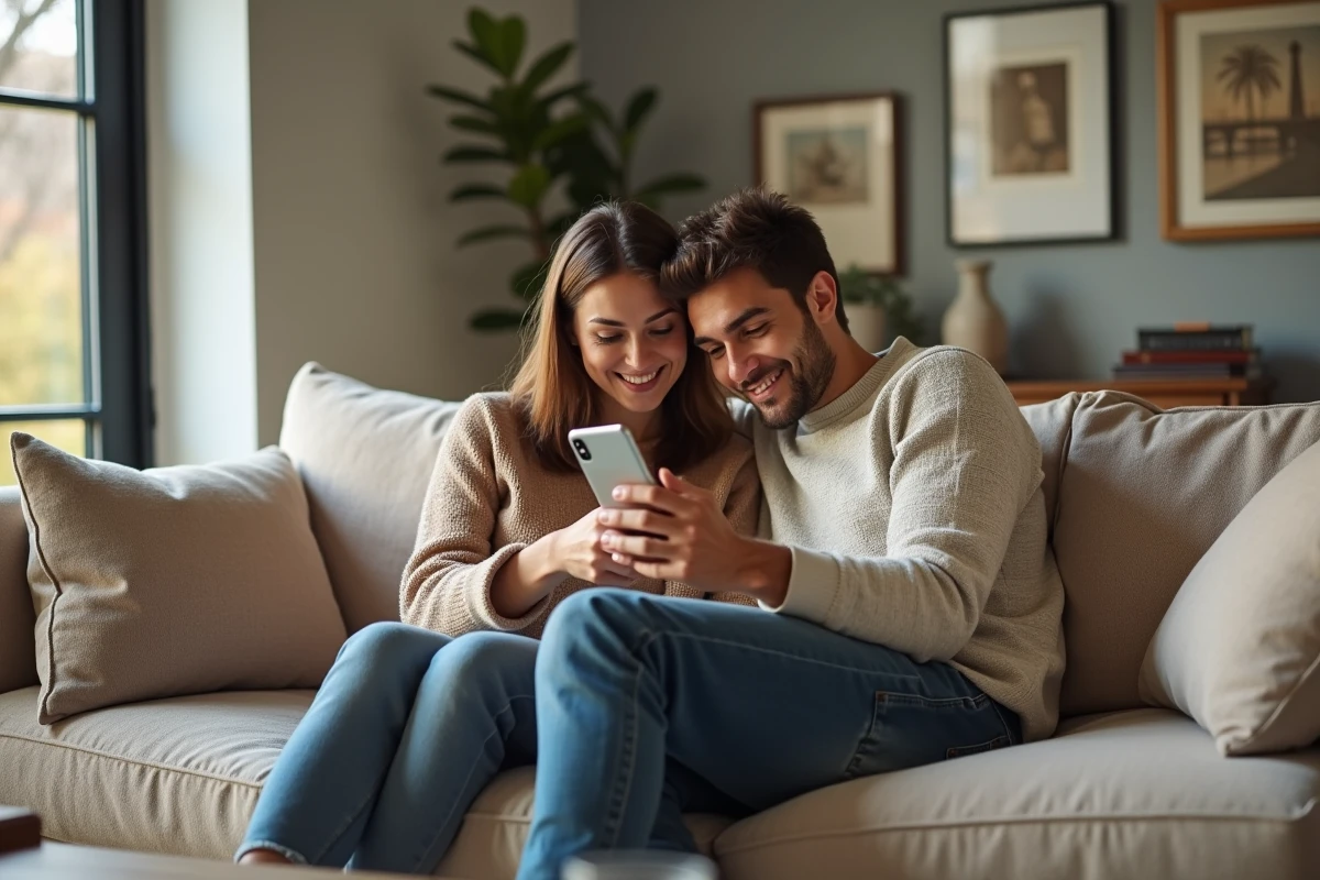 Couple installant ensemble une application mobile de raffinement habitat sur smartphone dans un salon contemporain élégant
