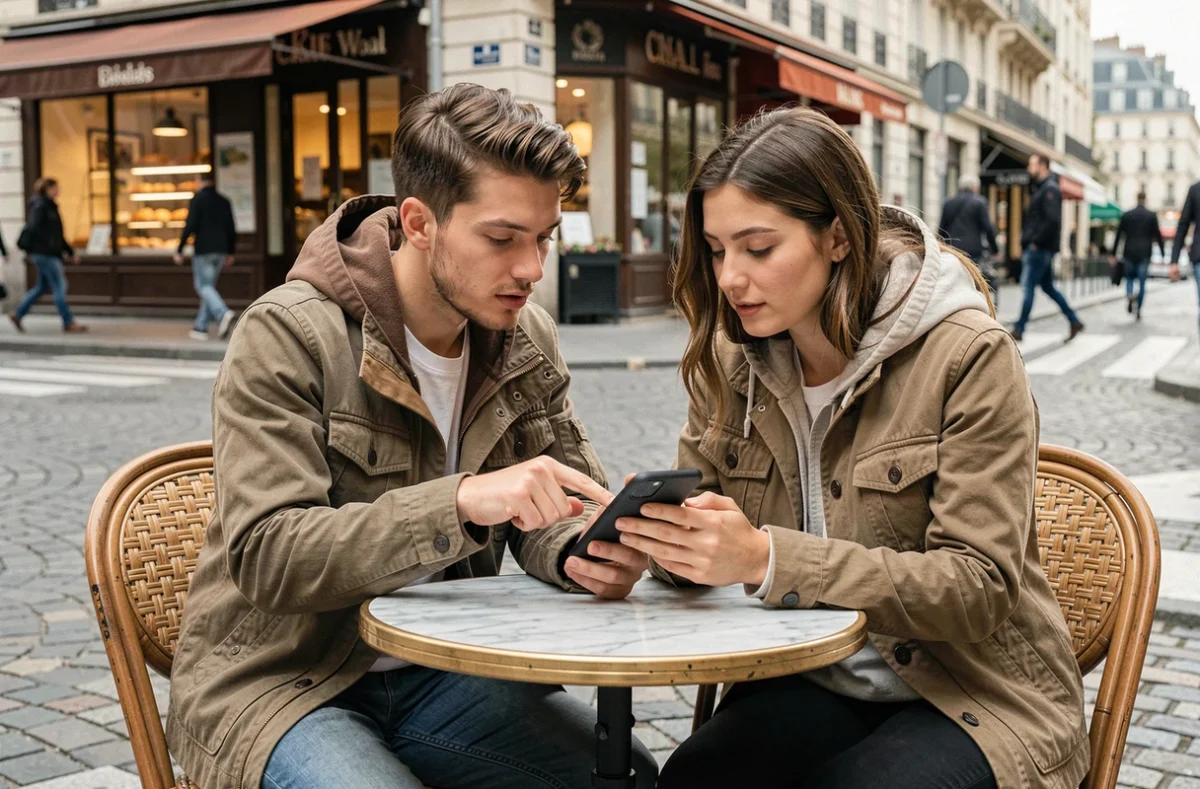 Couple de jeunes locataires analysant une annonce immobilière entre particuliers sur smartphone dans un café parisien