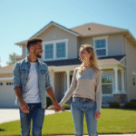 Jeune couple souriant devant une maison avec panneau vente aux enchères