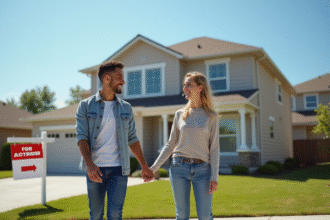 Jeune couple souriant devant une maison avec panneau vente aux enchères