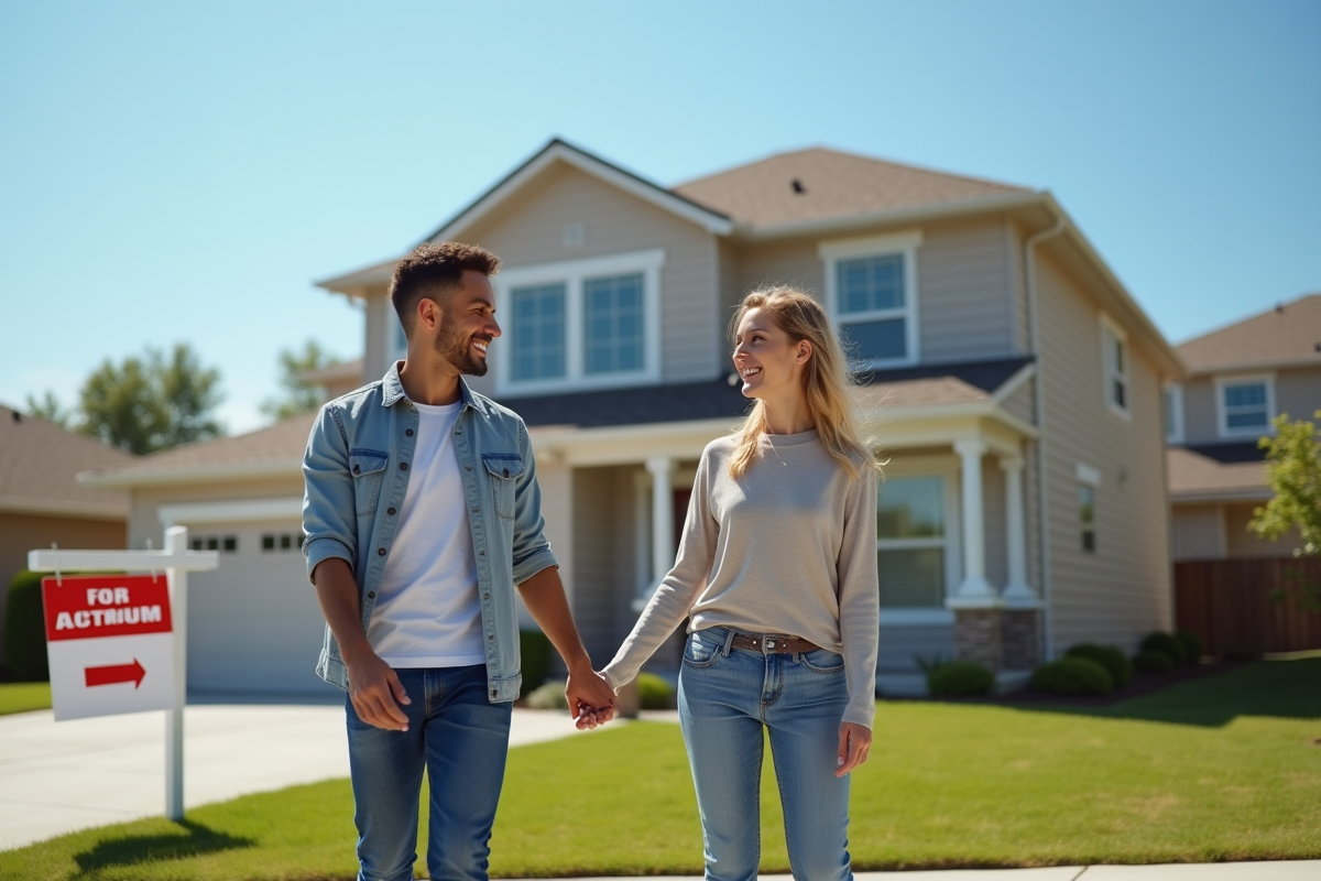 Jeune couple souriant devant une maison avec panneau vente aux enchères