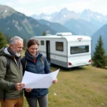 Couple souriant près d'un mobilhome en montagne