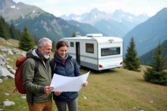 Couple souriant près d'un mobilhome en montagne