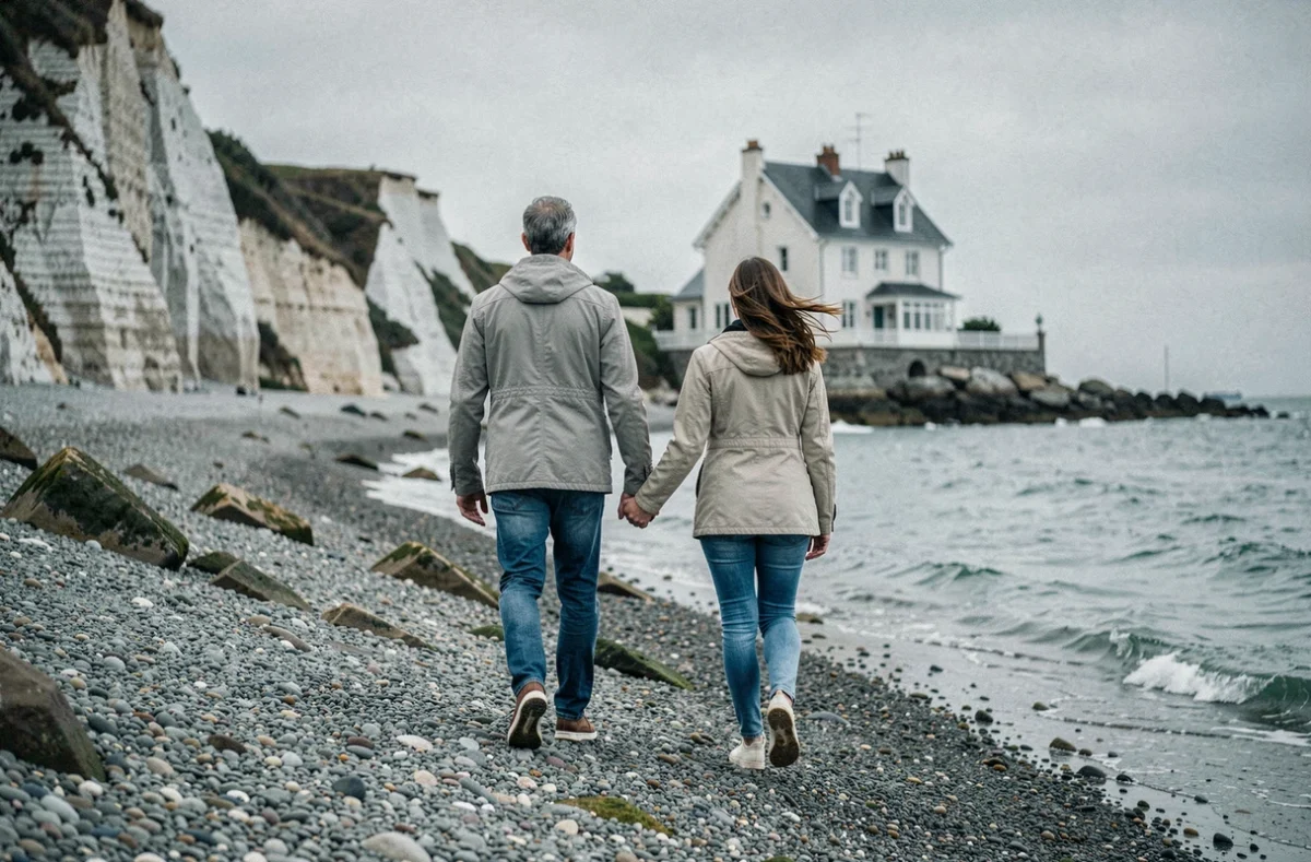 Couple se promenant sur la plage de galets en Normandie devant une maison en location en Seine-Maritime