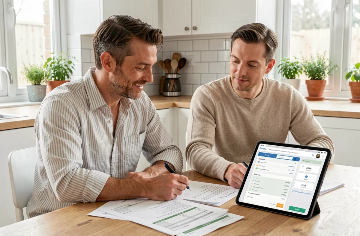 Couple de propriétaires bailleurs analysant des documents de gestion locative et des relevés de loyers sur tablette dans une cuisine moderne