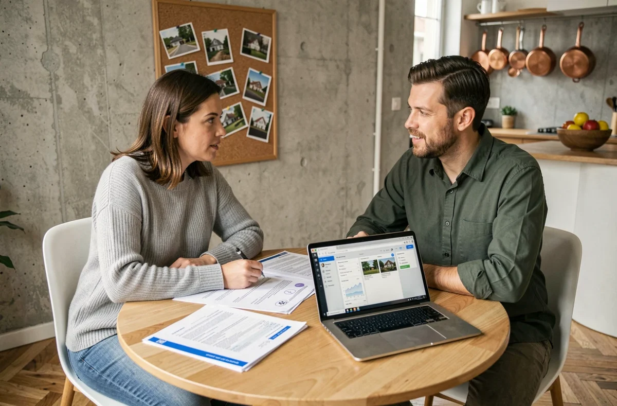 Couple de propriétaires bailleurs discutant de la gestion de leur bien locatif autour de documents et d'un ordinateur portable dans leur appartement
