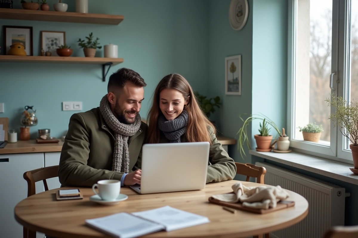 Jeune couple regardant des annonces immobilières dans leur cuisine chaleureuse