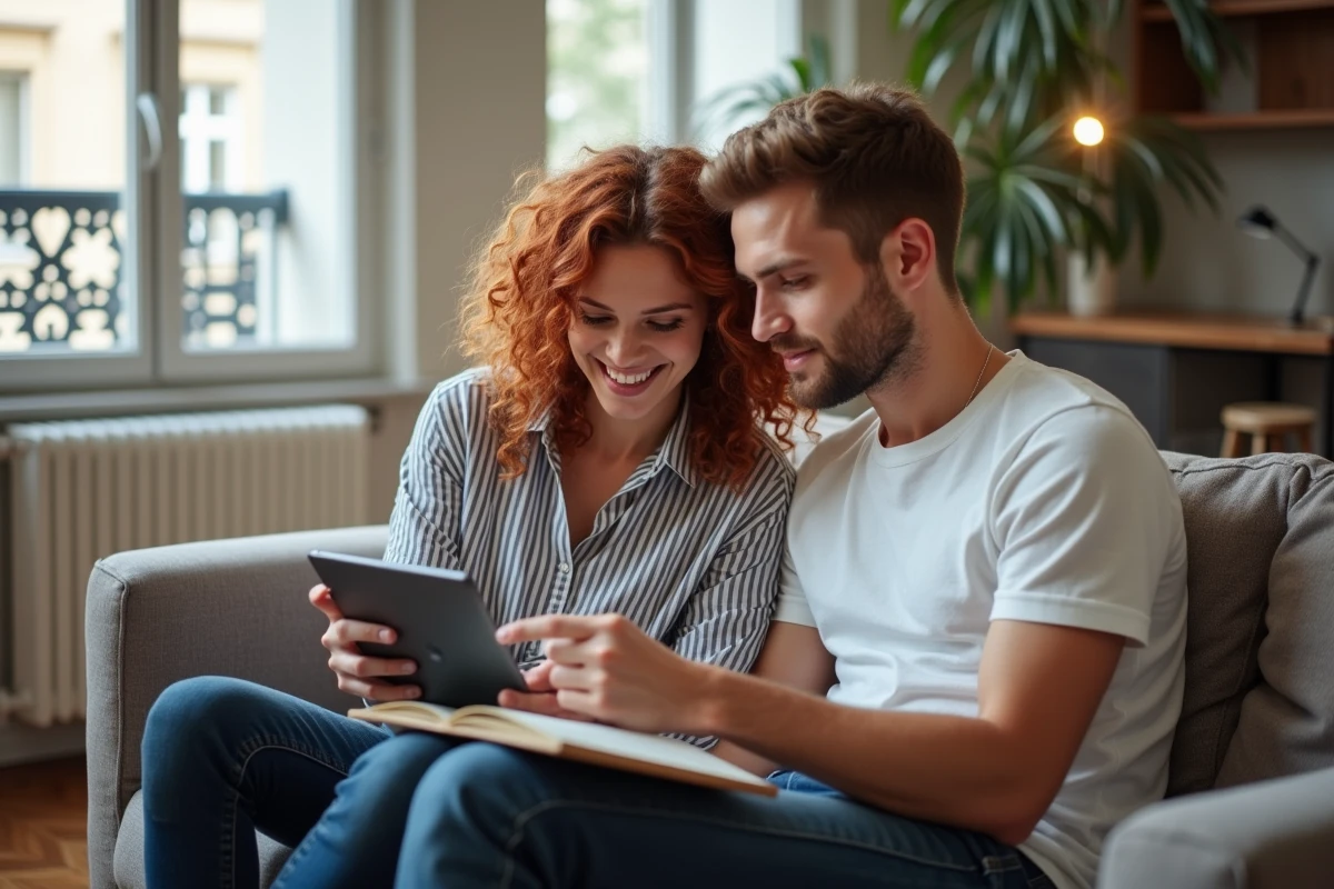 Couple cherchant un logement social sur tablette numérique dans appartement parisien