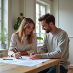 Couple souriant planifiant rénovation dans appartement parisien