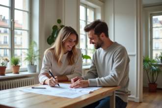 Couple souriant planifiant rénovation dans appartement parisien