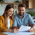 Jeune couple en réunion immobilière dans une cuisine moderne