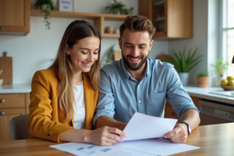 Jeune couple en réunion immobilière dans une cuisine moderne