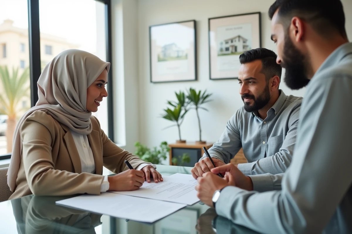 Couple marocain signant un acte de vente immobilière dans une agence à Agadir