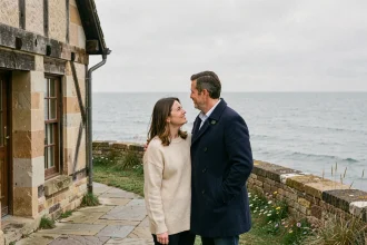 Couple sur la terrasse d'une maison normande en pierre avec vue sur la Manche, illustrant l'achat d'une maison en bord de mer en Normandie