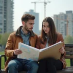 Jeune couple en ville discutant options logement