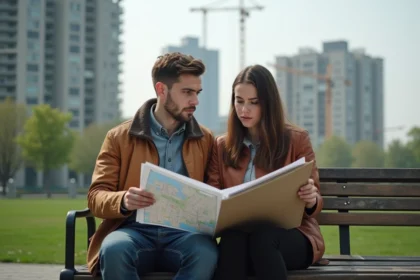 Jeune couple en ville discutant options logement