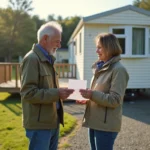 Couple examinant des documents pour la vente d'une parcelle de terrain avec mobil home en zone semi-rurale